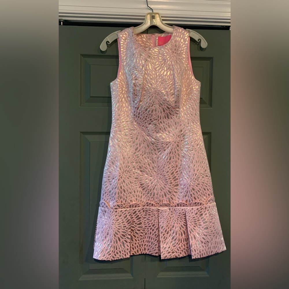 Lilly Pulitzer Abree Peplum Dress Metallic Prosecco Pink Lagoon jacquard 4 $258